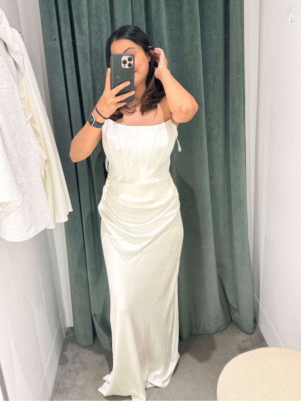 Ever New Ivory Satin Strapless Corset Gown with Draped Skirt